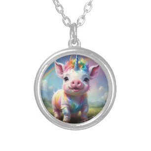 "Magical Hooves: The Rainbow Unicorn Pig" Silver Plated Necklace