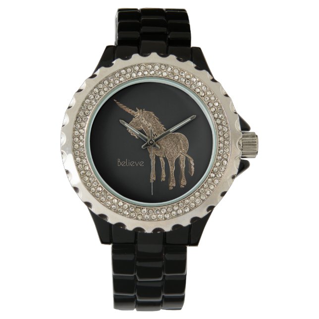 Magical Horse Cute Unicorn Black and Gold Look Watch (Front)