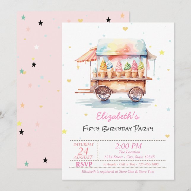 Magical Ice Creams Stars Pink Birthday Invitation (Front/Back)
