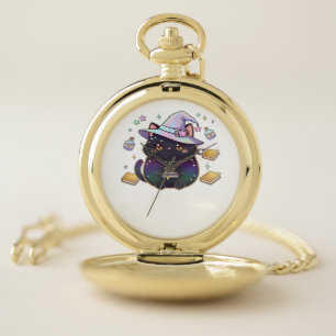Magical Introvert Cat Pastel Witch Hat Halloween Pocket Watch