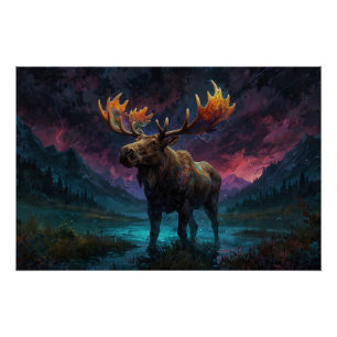 Magical Jasper Moose and Rocky Mountains Poster