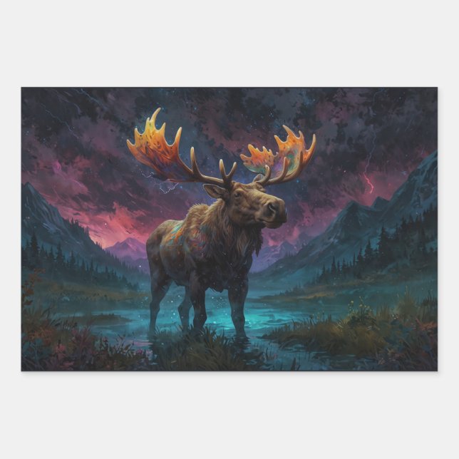 Magical Jasper Moose and Rocky Mountains Wrapping Paper Sheets (Front)