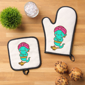 Magical Kawaii Djinn – Neon Spirit Oven Mitt & Pot Holder Set