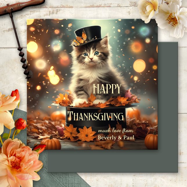 Magical Kitten Fun Thanksgiving Holiday Card (A fun Thanksgiving card featuring a kitten with a magical hat, amidst festive lights and fall leaves)