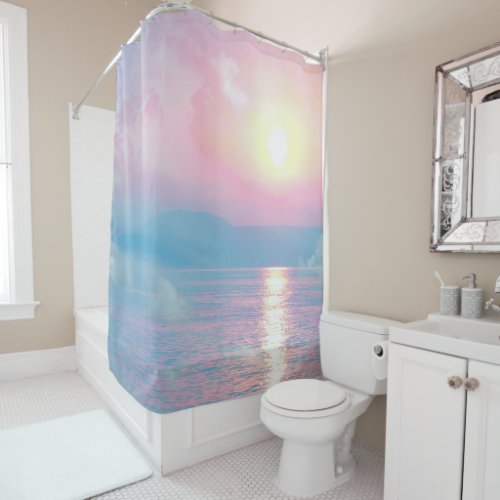 Magical landscape in pink sunset   shower curtain