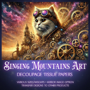 Magical Landscape Steampunk Cat Cosmic Decoupage Tissue Paper