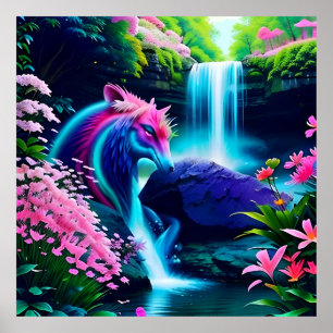Magical Landscape Waterfall and Flowers Two Poster