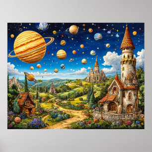 Magical Landscape With Castles and Outer Space Poster