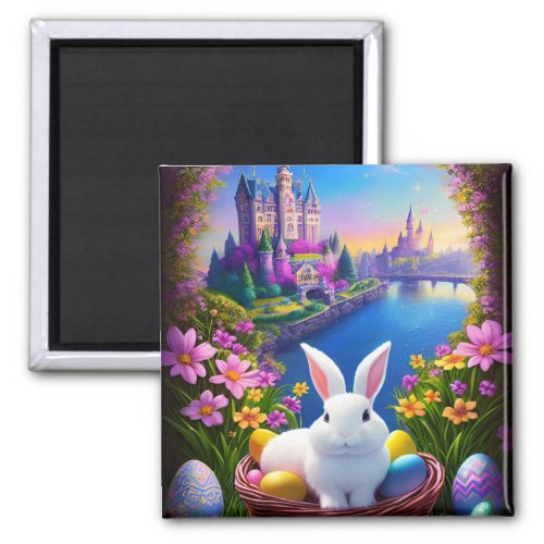 Magical landscape with rabbit and magical castles  magnet