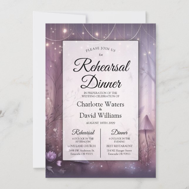 Magical Lavender Fairy Lights Rehearsal Dinner Invitation (Front)