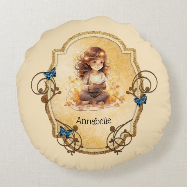 Magical Little Girl Reading a Book  Round Pillow (Back)