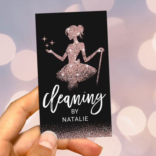 Magical Maid House Cleaning Rose Gold Glitter Business Card
