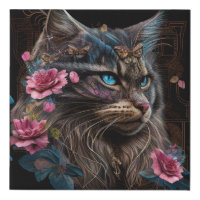 Magical Maine Coon cat and  pink flowers AI art Faux Canvas Print