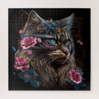 Magical Maine Coon cat and  pink flowers AI art Jigsaw Puzzle