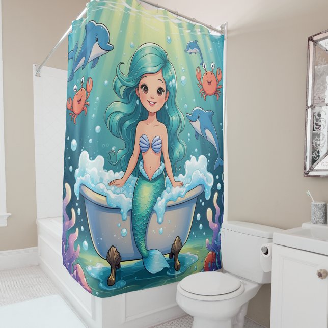 Magical Mermaid Bath Time with Dolphins crab Shower Curtain (Creator Uploaded)