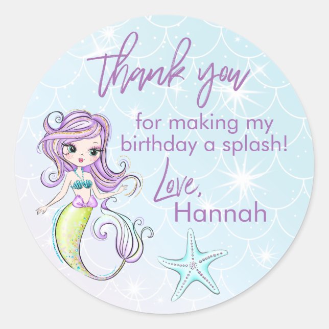 Magical Mermaid Birthday Party Thank You Stickers (Front)