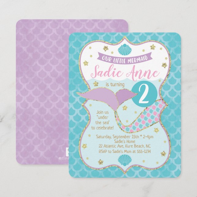 Magical Mermaid Birthday Purple and Turquoise Invitation (Front/Back)