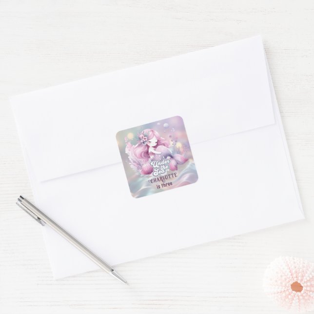 Magical Mermaid Children's Birthday Party Square Sticker (Envelope)
