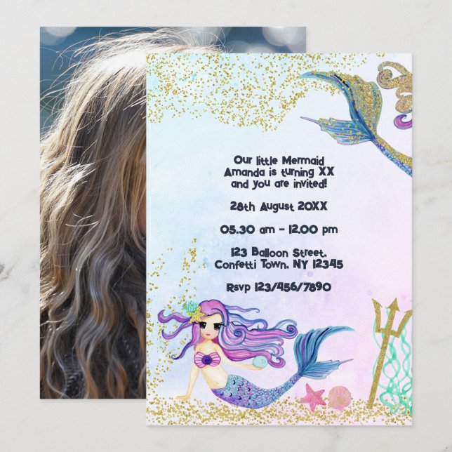 Magical Mermaid Faux Glitter Kids Birthday Party Invitation (Front/Back)