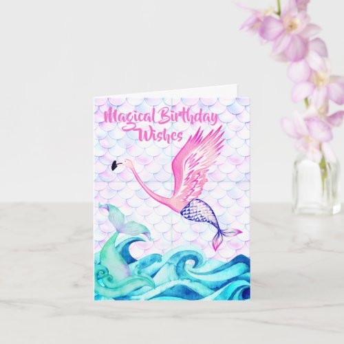 Magical Mermaid Flamingo Birthday Wishes Card