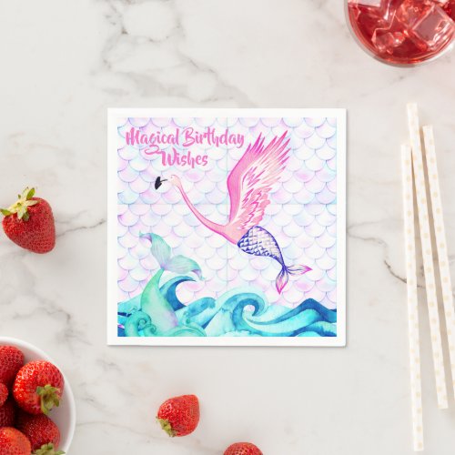 Magical Mermaid Flamingo Birthday Wishes Napkins