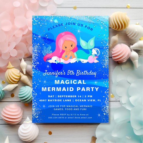 Magical Mermaid Glitter Birthday Party Invitation