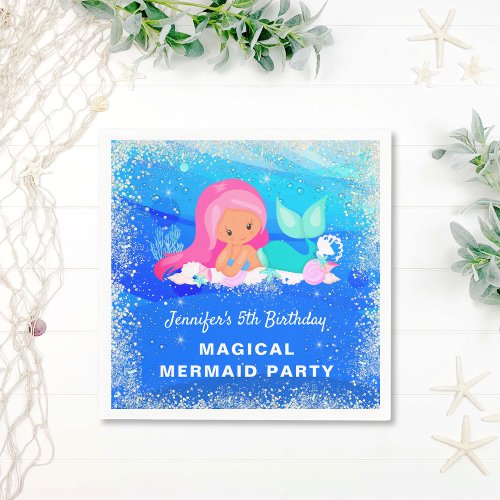 Magical Mermaid Glittery Birthday Paper Napkins