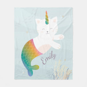 Magical Mermaid Kitty Rainbow Glitter Personalized Fleece Blanket