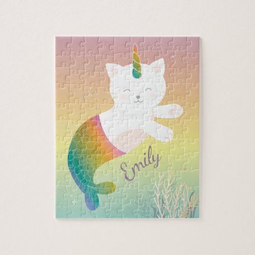 Magical Mermaid Kitty Rainbow Glitter Personalized Jigsaw Puzzle