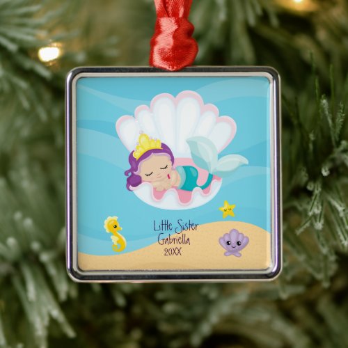 Magical Mermaid Little Sister Christmas Metal Ornament