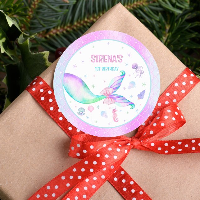 Magical Mermaid Pink Purple Birthday Classic Round Sticker (Creator Uploaded)