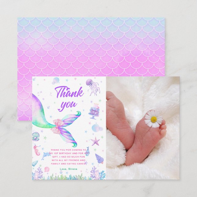 Magical Mermaid Pink Purple Birthday Thank You Card (Front/Back)