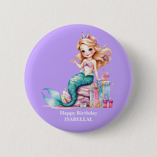 Magical mermaid rainbow Birthday girl party Button (Front)