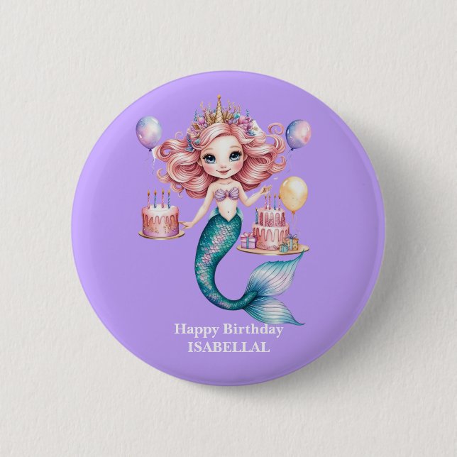 Magical mermaid rainbow Pastel Birthday girl party Button (Front)
