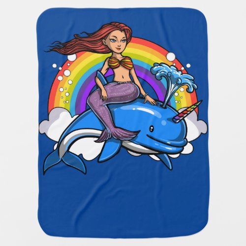 Magical Mermaid Riding Unicorn Dolphin Rainbow Baby Blanket