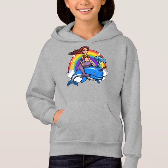 Magical Mermaid Riding Unicorn Dolphin Rainbow Hoodie (Front)