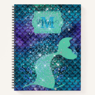 Magical Mermaid Scales Faux Glitter Girly Monogram Notebook