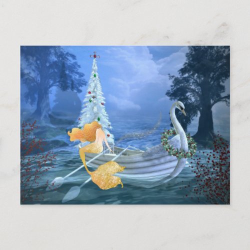 Magical Mermaid Swan Boat and Christmas Tree Holiday Postcard