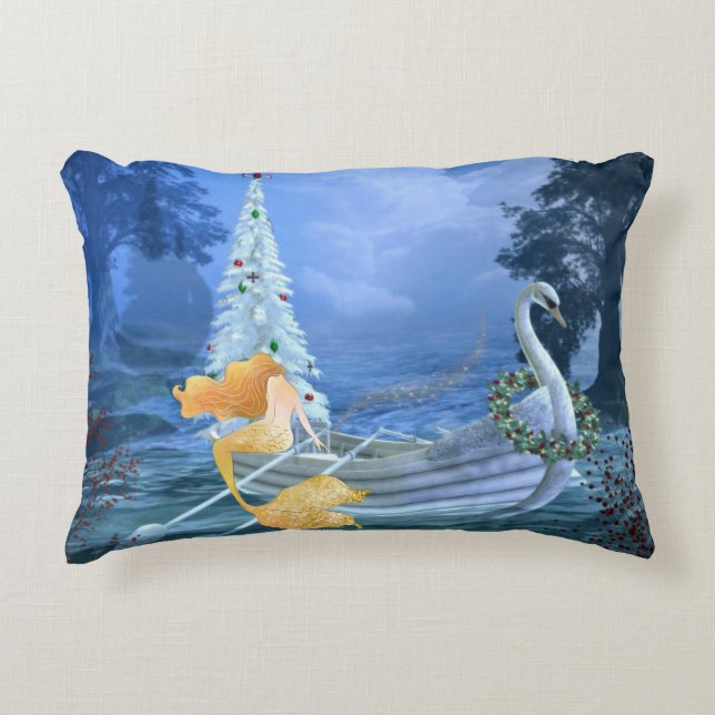 Magical Mermaid, Swan Boat, Christmas Tree Holiday Accent Pillow (Front)