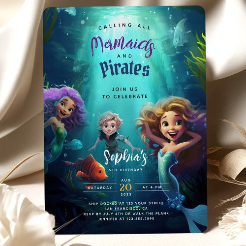 Magical Mermaid  Swashbuckling Pirate Birthday Invitation