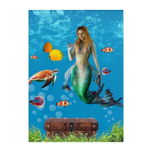 Magical Mermaid Treasure Hunt Blue Ocean Fantasy Acrylic Print (Front)