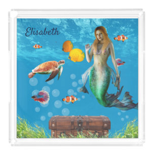 Magical Mermaid Treasure Hunt Blue Ocean Fantasy Acrylic Tray