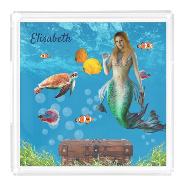 Magical Mermaid Treasure Hunt Blue Ocean Fantasy Acrylic Tray (Front)