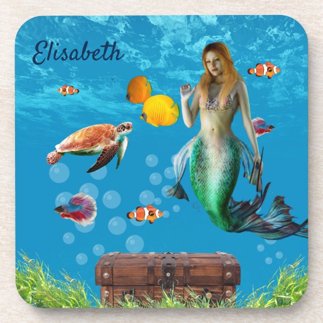 Magical Mermaid Treasure Hunt Blue Ocean Fantasy Beverage Coaster (Front)