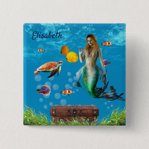 Magical Mermaid Treasure Hunt Blue Ocean Fantasy Button