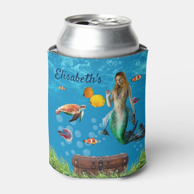 Magical Mermaid Treasure Hunt Blue Ocean Fantasy Can Cooler (Can Front)