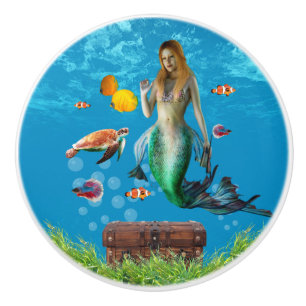 Magical Mermaid Treasure Hunt Blue Ocean Fantasy Ceramic Knob