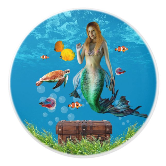 Magical Mermaid Treasure Hunt Blue Ocean Fantasy Ceramic Knob (Front)