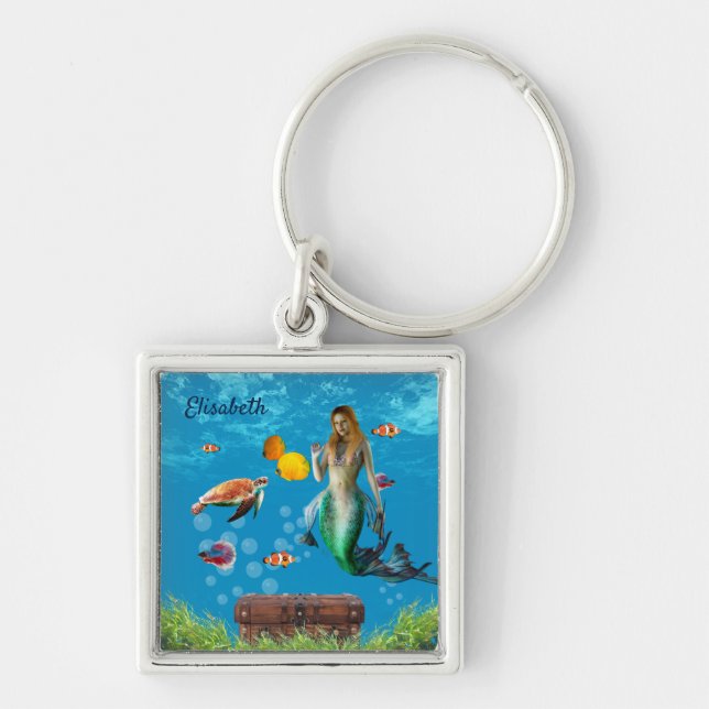 Magical Mermaid Treasure Hunt Blue Ocean Fantasy Keychain (Front)