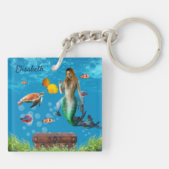 Magical Mermaid Treasure Hunt Blue Ocean Fantasy Keychain (Back)